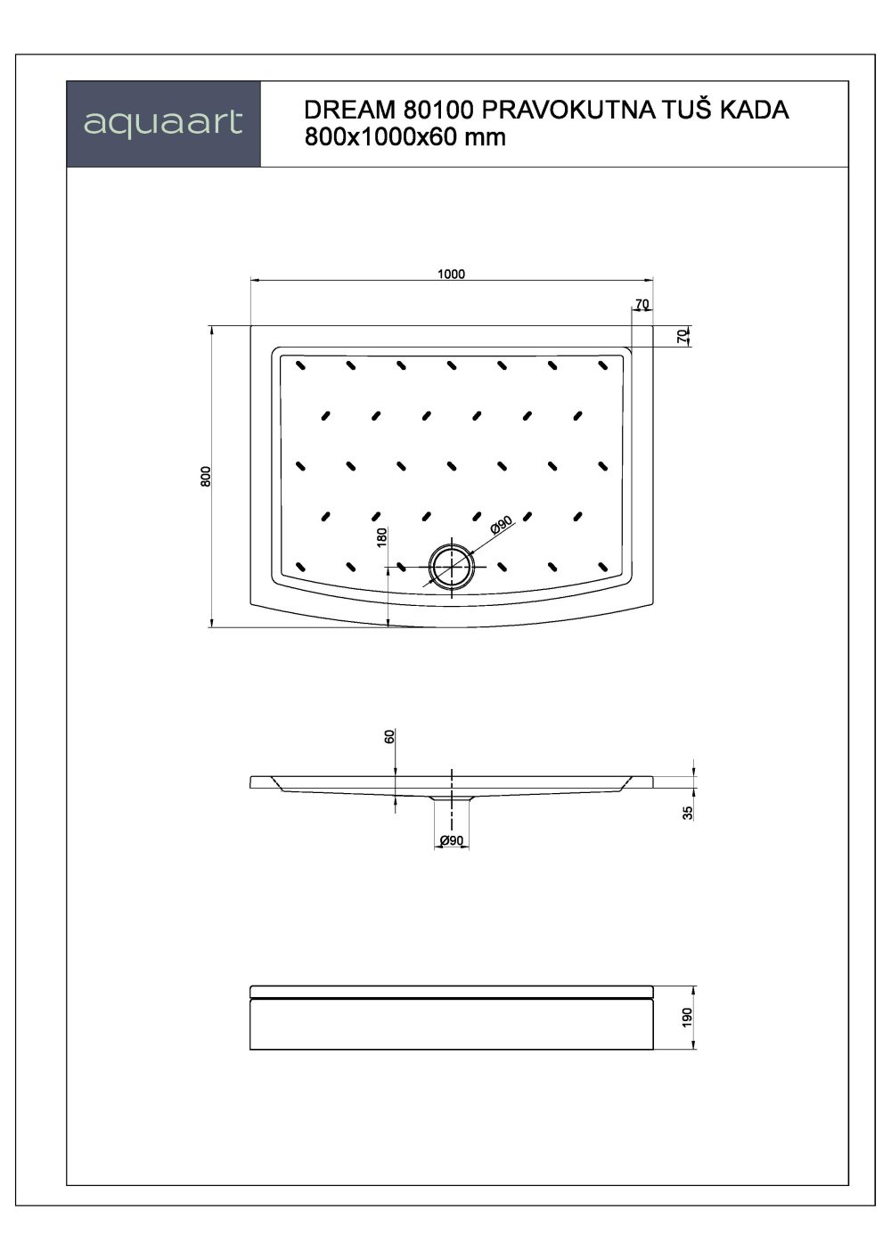 DREAM 80100 PRAVOKUTNA TUŠ KADA 800x1000 mm - Slika 2