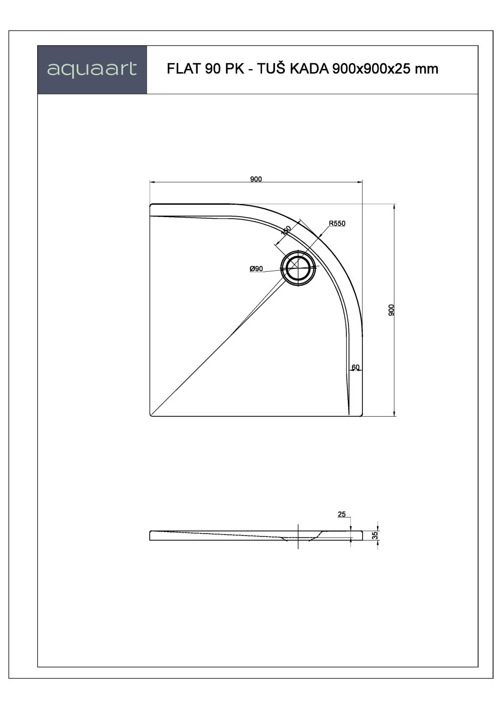 FLAT 90 PK TUŠ KADA 900x900 mm - Slika 2