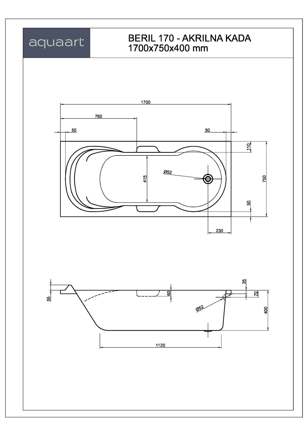 BERIL 170 KUPAONSKA KADA 1700x750 mm - Slika 2