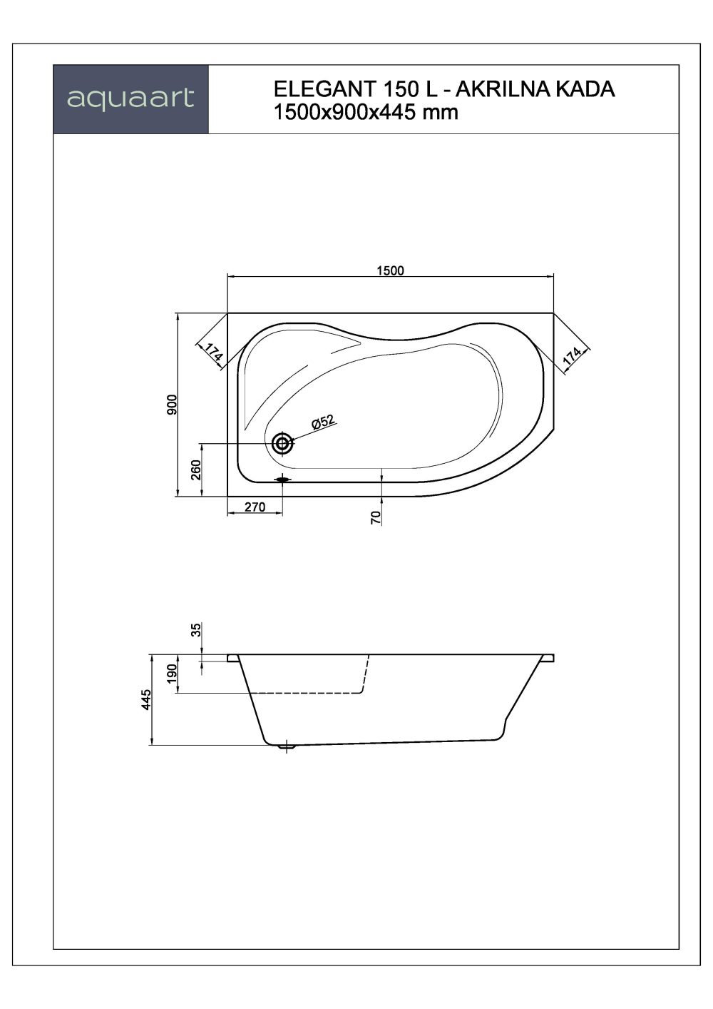 ELEGANT 150 L KUPAONSKA KADA 1500x900 mm - Slika 2