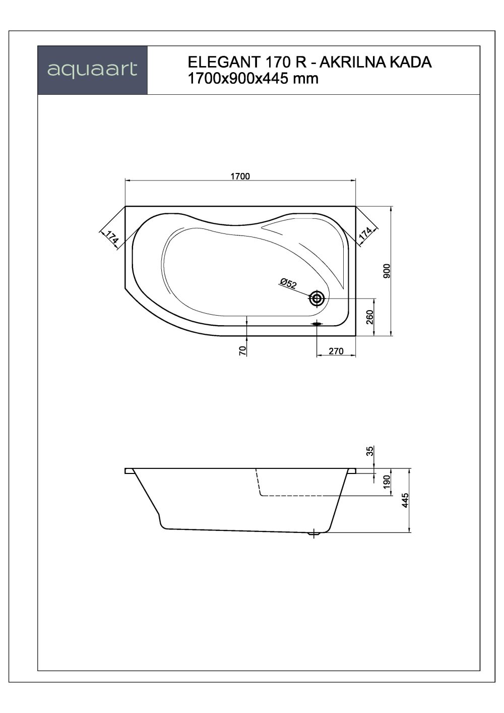 ELEGANT 170 R KUPAONSKA KADA 1700x900 mm - Slika 2