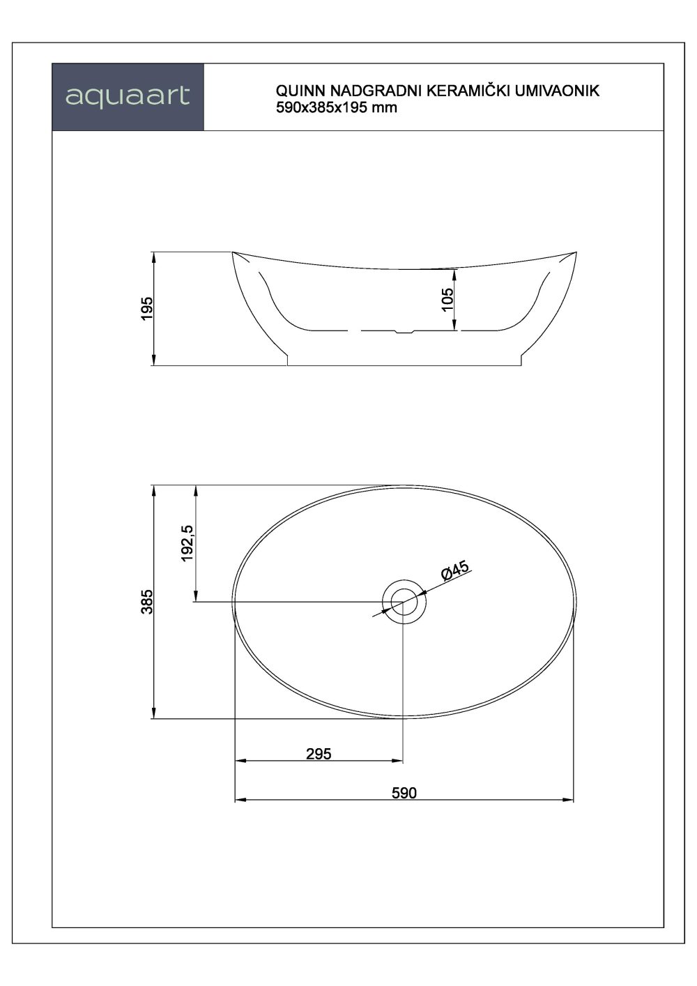 QUINN NADGRADNI KERAMIČKI UMIVAONIK 590x385x200 mm - Slika 3