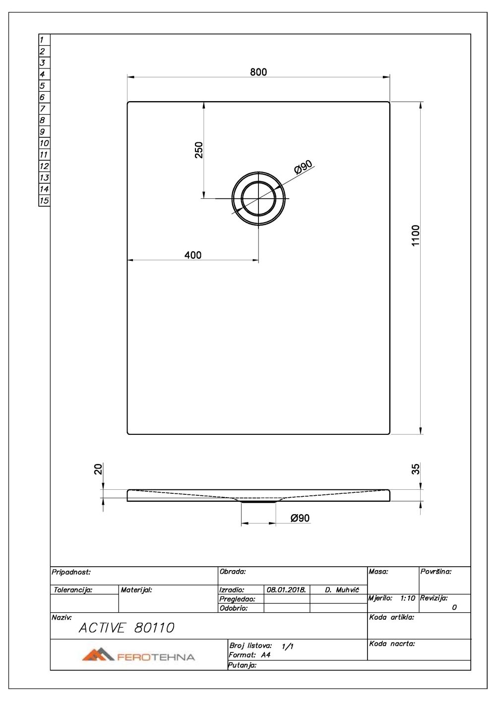 ACTIVE 80110 TUŠ KADA 800x1100 mm - Slika 2