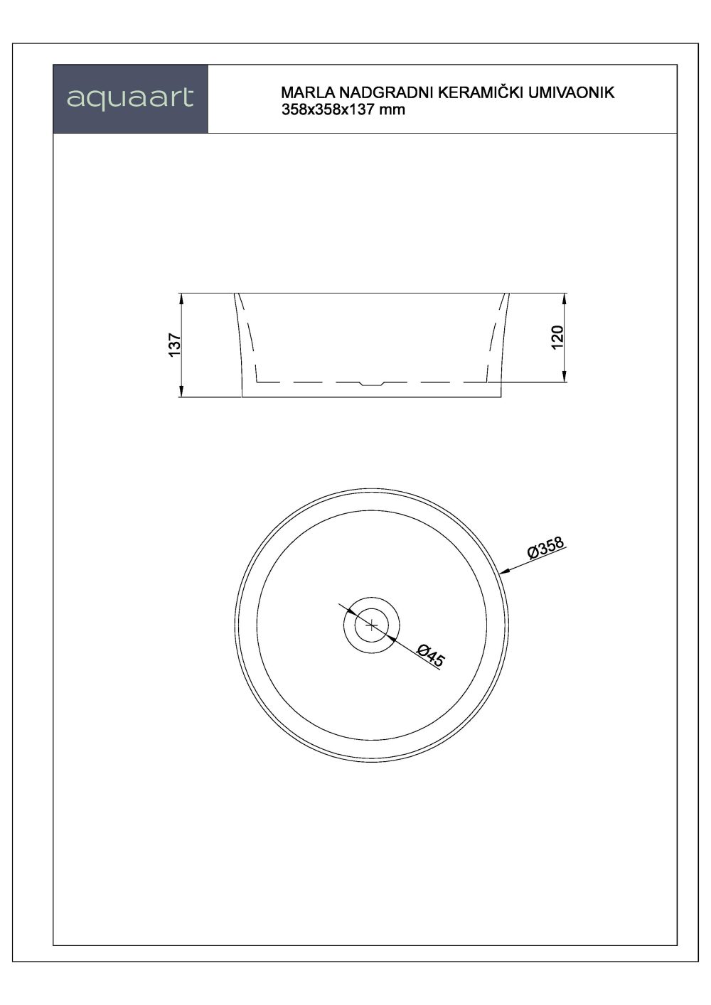 MARLA NADGRADNI KERAMIČKI UMIVAONIK 358x358x137 mm - Slika 3