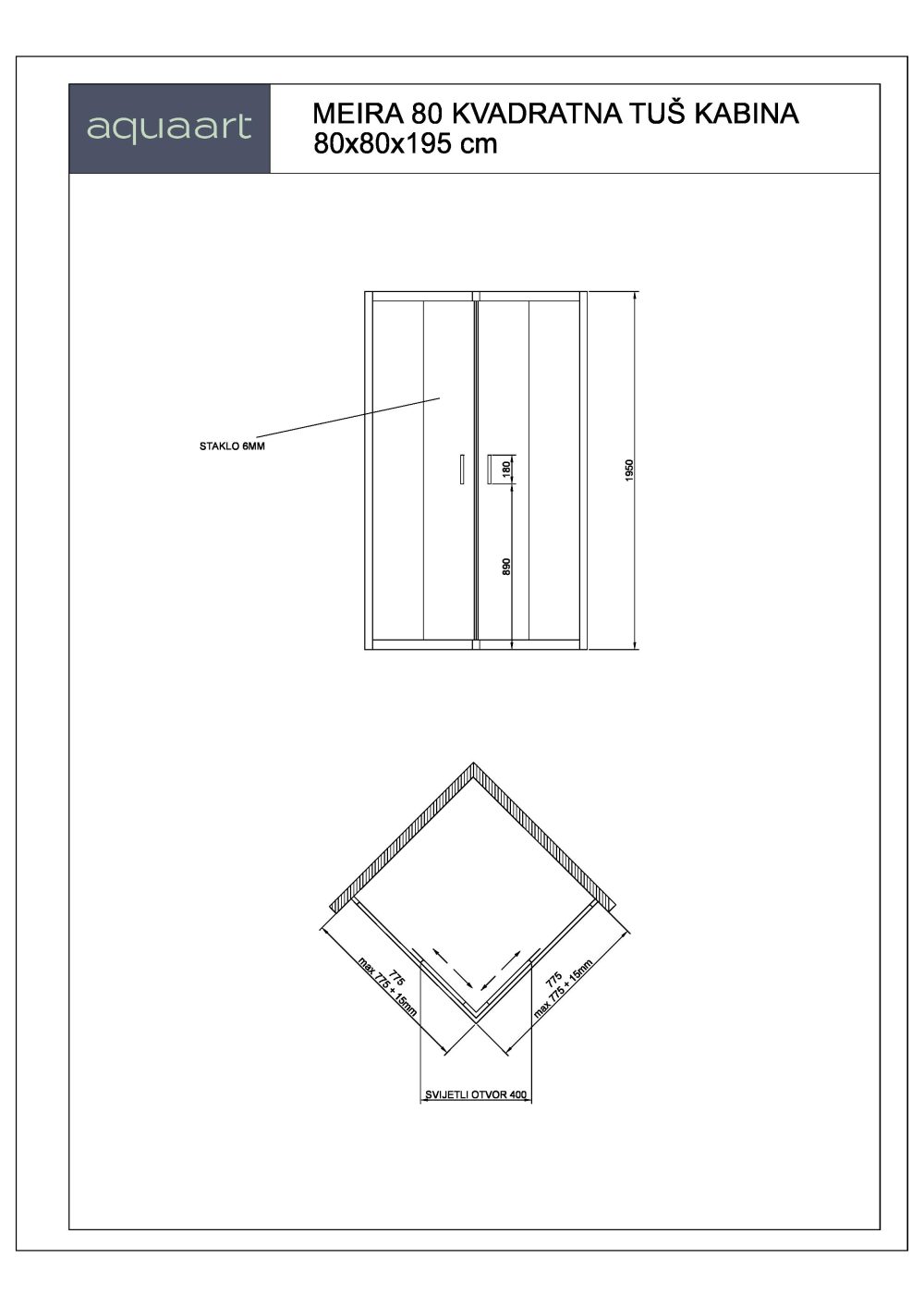 TK MEIRA 80 KVADRATNA TUŠ KABINA 80x80x195 cm - Slika 2