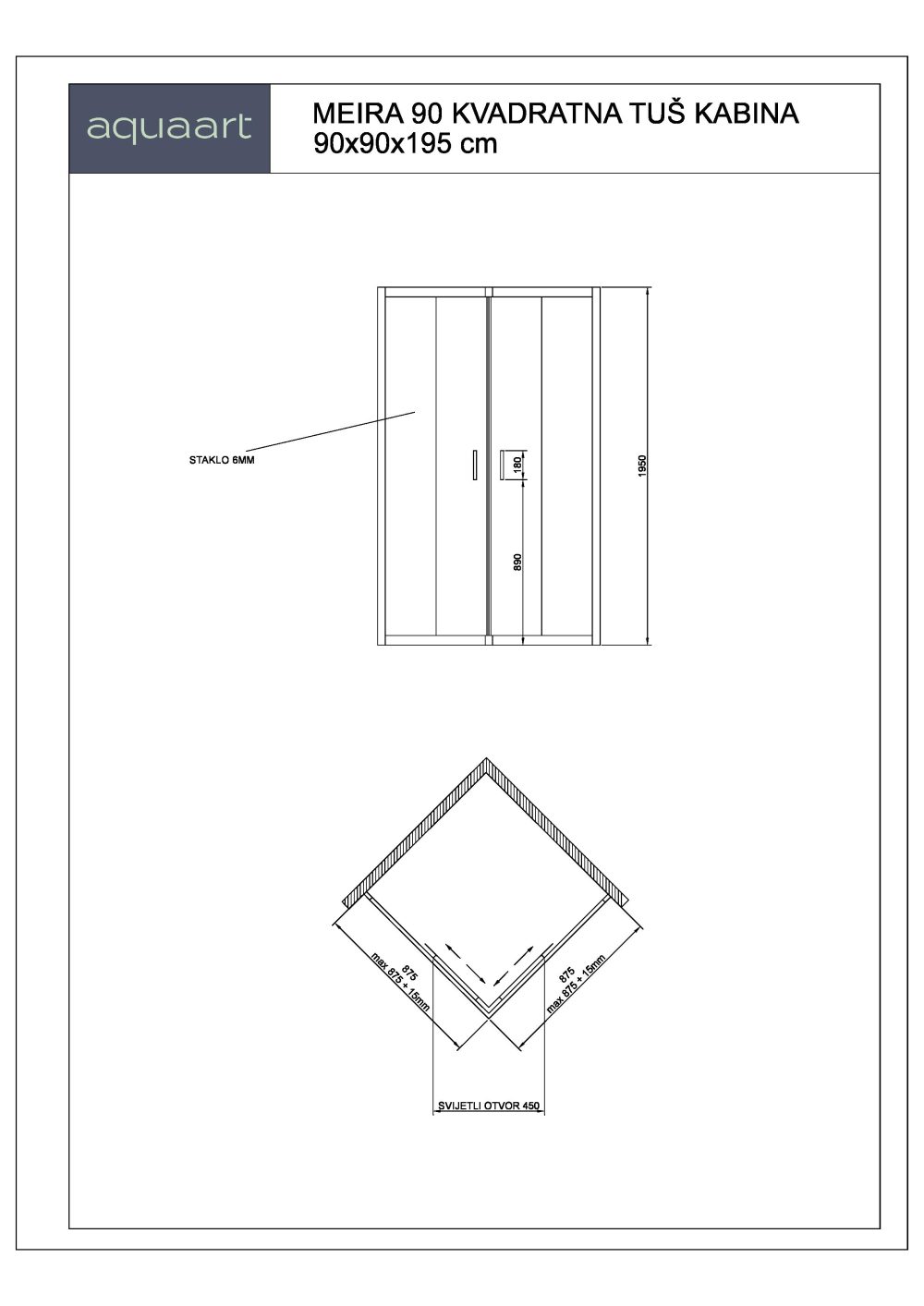 TK MEIRA 90 KVADRATNA TUŠ KABINA 90x90x195 cm - Slika 2