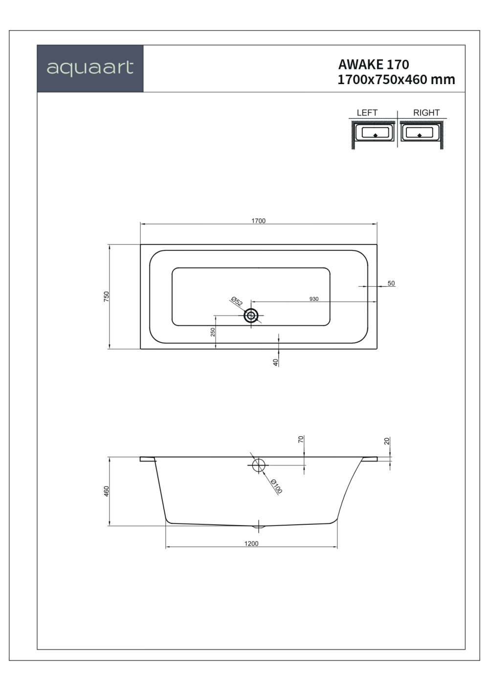 AWAKE 170/L PRAVOKUTNA KUPAONSKA KADA 1700x750 mm - Slika 2