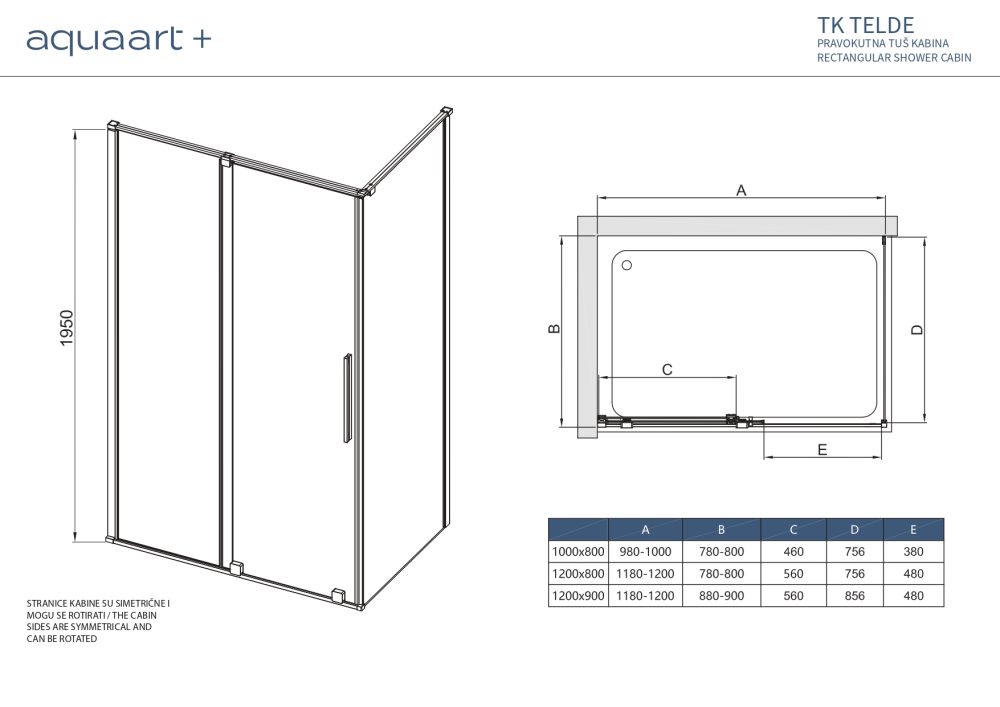TK TELDE 80120 CHROME PRAVOKUTNA TUŠ KABINA 80X120X195 cm - Slika 3