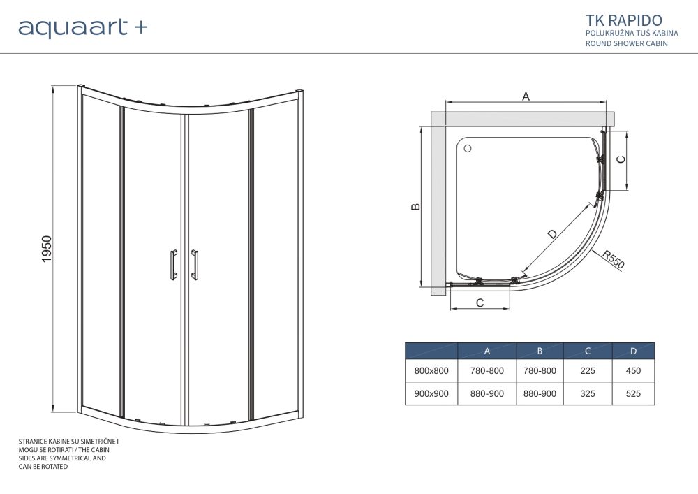 TK RAPIDO 80 CHROME POLUKRUŽNA TUŠ KABINA 80X80X195 cm - Slika 3