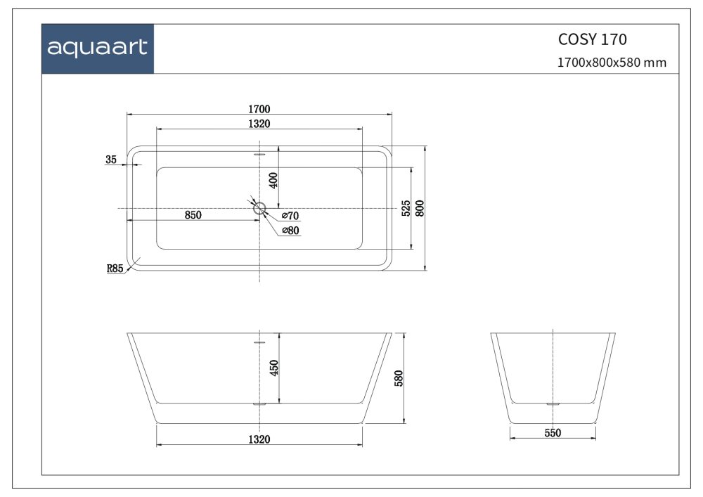 COSY 170 SAMOSTOJEĆA KUPAONSKA KADA 1700X800X580 MM - Slika 3