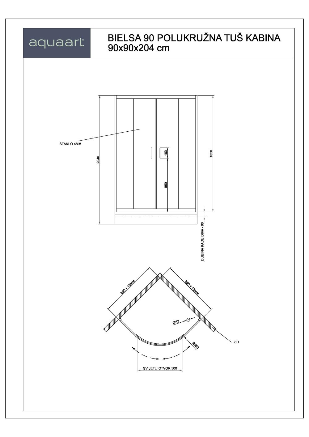 BIELSA 90 POLUKRUŽNA TUŠ KABINA 90x90x204 cm - Slika 2
