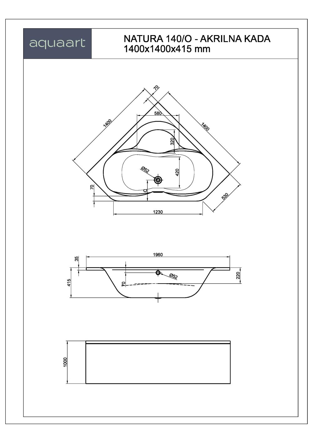 NATURA 140/O KUPAONSKA KADA 1400x1400 mm - Slika 2