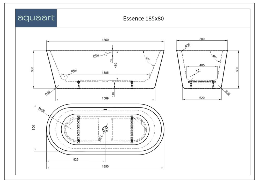 ESSENCE 185 SAMOSTOJEĆA KADA WHITE MATT 185x80x60 cm - Slika 3